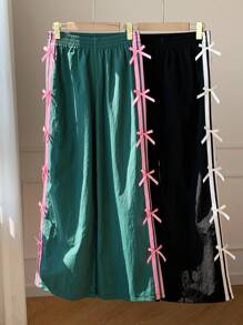 Comfortcana 2025 秋季新品女款两件套休闲 Y2k 侧条纹蝴蝶结裤两件套 Y2k 下装，返校季，撞色裤子，侧条纹松紧腰休闲宽松运动裤，休闲百搭，适合日常街头穿着，工装裤，秋季女装 - 彩色 - 查看 5