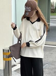 DAZY 青少年/青年女孩宽松休闲拼色套头衫，秋季 - 白色 - 查看 9