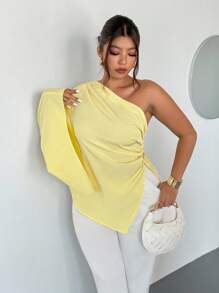 Firerie 加大码女式优雅新款时尚海滩度假休闲不对称肩部超长袖腰部褶饰金属装饰黄色衬衫 - 黃色 - 查看 4