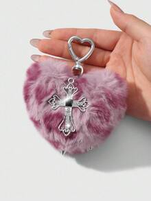 ROMWE Kawaii 1 件 Y2K 复古朋克时尚高端人造毛皮豹纹 3D 铆钉心形水晶镂空十字架 DIY 钥匙扣包饰，适合女性、日常穿着、节日礼物 - 玫紅色 - 查看 7