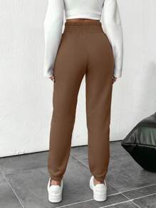 RueChic Solid Elastic Waist Termal Sweatpants For Autumn & Winter - Mocha Brown - View 2