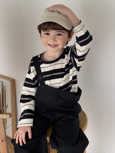 Hapijoa 2 件幼儿男童条纹 T 恤和宽松休闲背带裤套装，秋季