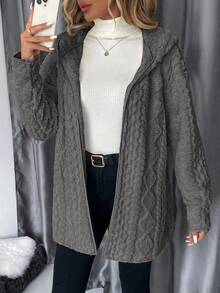 SHEIN Clasi 秋冬女士纯色简约日常长袖连帽纹理羊毛夹克 - 深灰色 - 查看 9