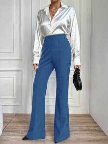 EURMUSE Women's Solid Color Toothpick Design Elegant Flare Pants - Dusty Blue - View 4