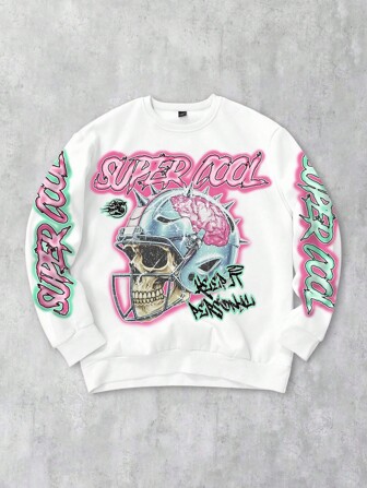 Street Life Skull Cross Football Helmet Punk Style White Crew Neck Sweatshirt