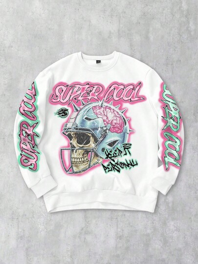 Grunge Punk Skull Cross Football Helmet Punk Style White Crew Neck Sweatshirt