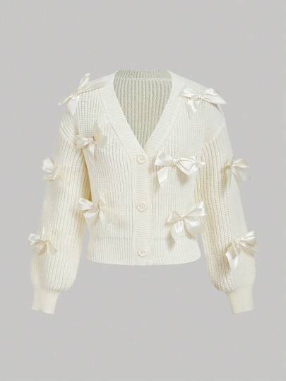 SHEIN MOD Apricot Women's Long Sleeve Cardigan With Bow Decor,Halloween Clothes,Winter Clothes For Women,Business Casual Woman,Fairycore