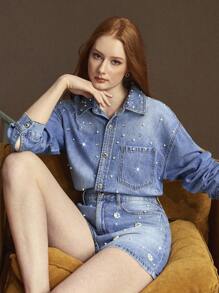 Selenza 2 件套女式牛仔套装，长袖上衣和阔腿短裤，夏季新款时尚水钻和珍珠花朵设计 - 藍色 - 查看 8