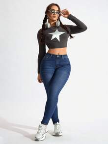 SHEIN ICON 大码休闲水洗深蓝色修身紧身牛仔裤