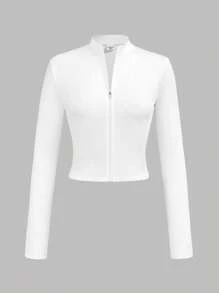 SHEIN Girlism Teen Girls Casual Elastic Half-Zip V-Neck Snug Fit Long Sleeve Tee, Basic Essential Autumn Winter Outerwear Fall - White - View 5