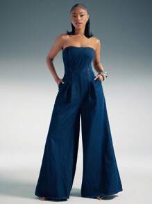 Denimoi 阔腿无袖牛仔连体裤 - 深色水洗藍 - 查看 2