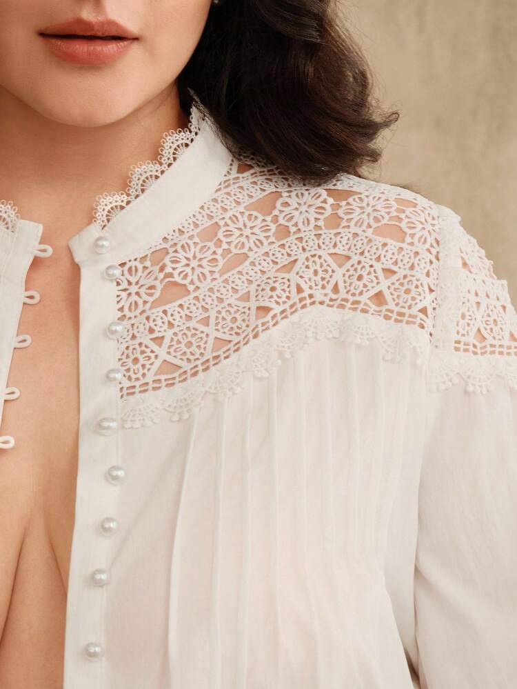 Anewsta Women Plus Size Elegant Solid Color Lace Patchwork Blouse