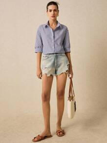 Poéselle Drop Shoulder Shirt Women's Long Sleeve Striped Shirt, Cute Summer Tops, Summer Women's Clothing, White Shirt, Fresh Casual Shirt, Button Closure, Covered Shirt, Lightweight And Breathable Made Of Comfy Material, Suitable For Holiday Going Out, Casual Daily 100% Cotton