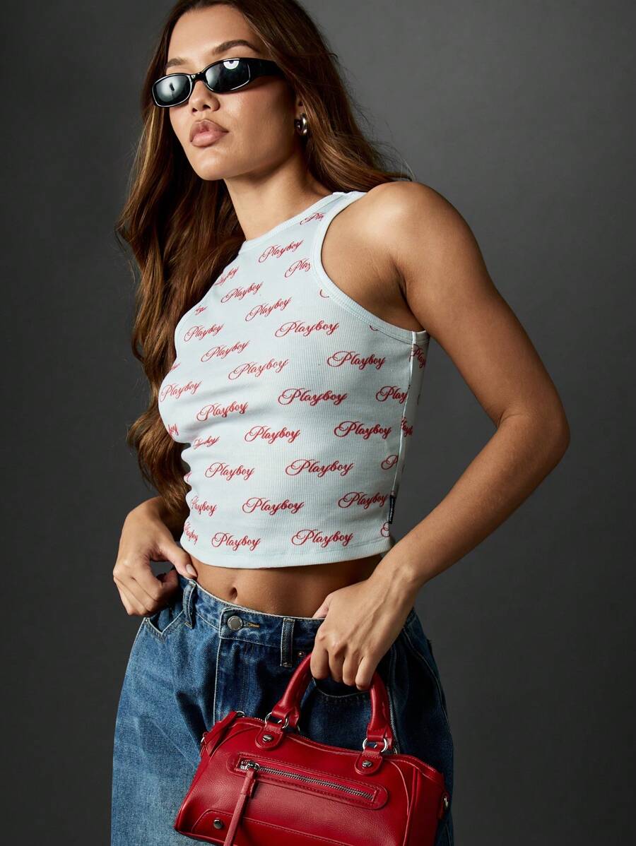 Missguided x Playboy All Over Print Retro Style Cami Top With Script Pattern Sleeveless Tank Casual Y2K Ribbed Fashion Summer Spring Festival Trendsetter Classic Fitted - Grey - View 1