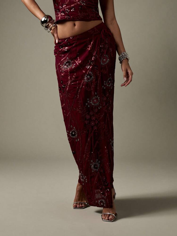 MISSGUIDED Embellished Midi Wrap Skirt With Crystal Sequins