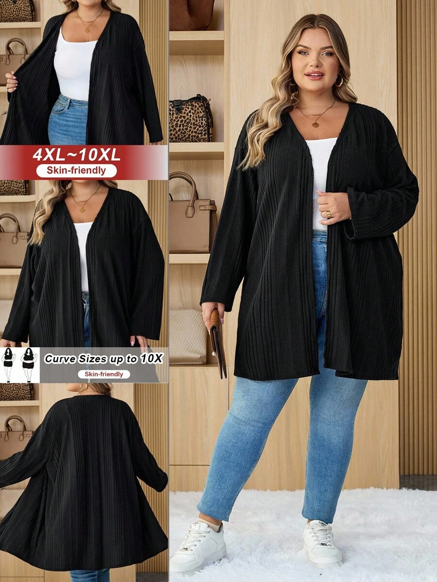 SHEIN CURVE+ Quần áo Curve Plus Size/Mùa thu/Mùa thu dành cho nữ/Mùa đông Áo khoác dệt kim gân đen cỡ lớn, Trang phục ngày lễ, Mùa thu/Đông Áo khoác cardigan cỡ lớn dành cho nữ 8xl Áo khoác ngoài cỡ lớn dành cho nữ 6xl Quần áo cỡ lớn dành cho nữ Quần áo Curvy Plus Quần áo mùa thu dành cho nữ, Mùa đông, CURVE PLUS/Mùa thu/Mùa đông - màu đen - Xem 1