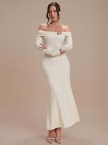Modelyn Women's Metal Decor Off Shoulder Long Sleeve Fishtail Hem Fitted Elegant Dress - Apricot - View 4