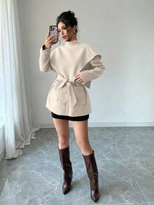 Elenzga Women's Stand Collar Loose Casual Minimalist Long Sleeve Coat, Autumn/Winter - Beige - View 5