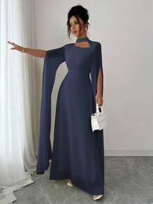 Elenzga Váy đi biển phong cách Pháp lãng mạn thanh lịch dành cho nữ, vải voan mỏng, cổ khoét sâu, dây buộc chéo sau lưng, chân váy maxi xòe, tay dài, xẻ tà, thích hợp cho tiệc trà chiều, tiệc tùng, phong cách Trung Đông, xuân/hè - Màu xanh hải quân - Xem 4