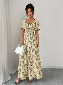 Elenzga Women's Vintage Elegant Floral Print Square Neck A-Line Maxi Dress, Suitable For Casual, Vacation, Daily Gathering, Spring/Summer