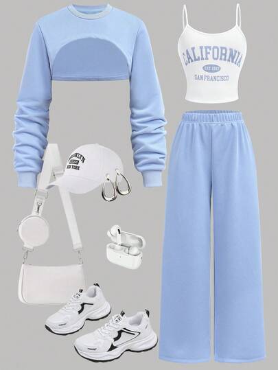 SHEIN Girlism 3pcs/Set Teen Girls Casual Sweatshirt With Printed Camisole And Wide Leg Sweatpants Outfit Fall Winter