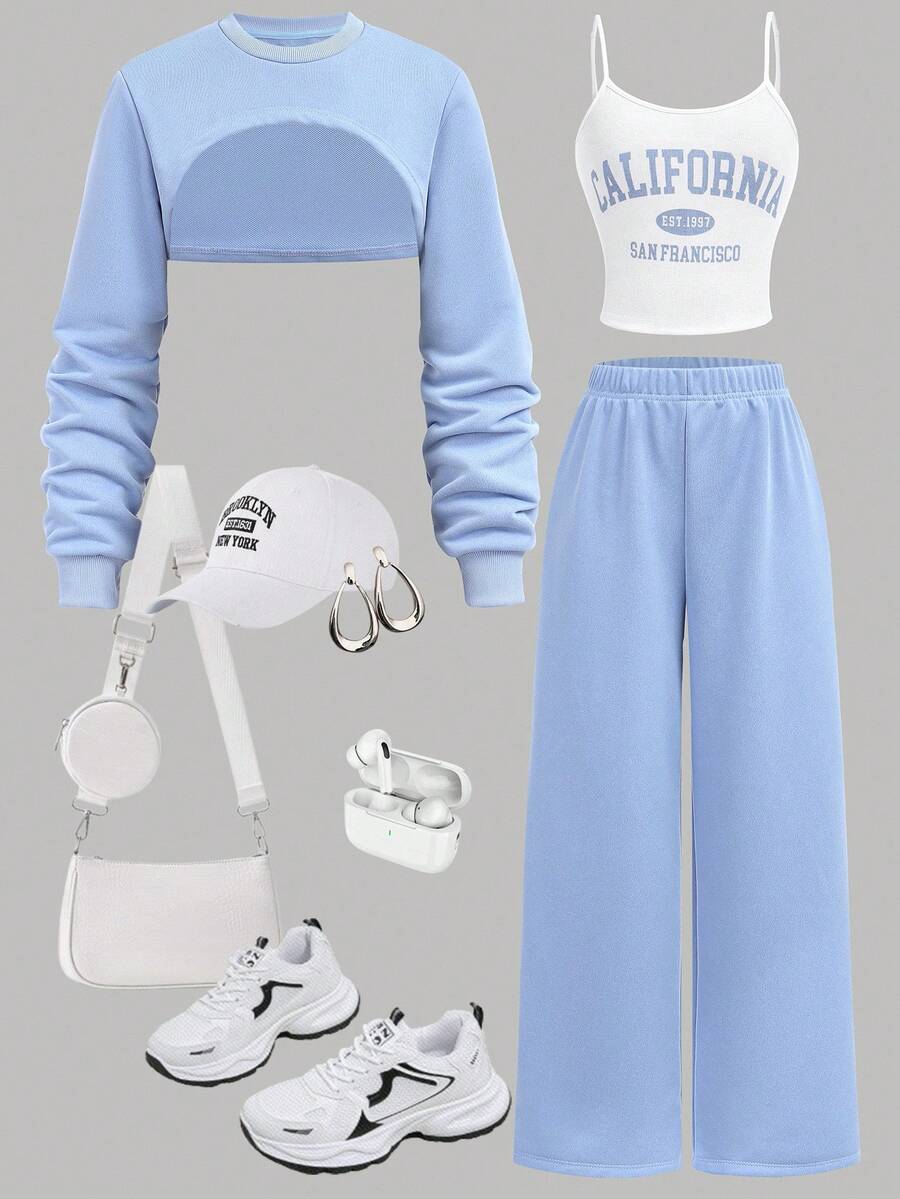 SHEIN Girlism 3件套青少年女孩休闲运动衫搭配印花吊带背心和阔腿运动裤套装 - 藍白色 - 查看 1