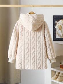 Sparklyn 青少年女孩休闲百搭百搭家居服和学校日常粗针织条纹毛绒领前开中长款秋冬夹克秋季 - 杏色 - 查看 2