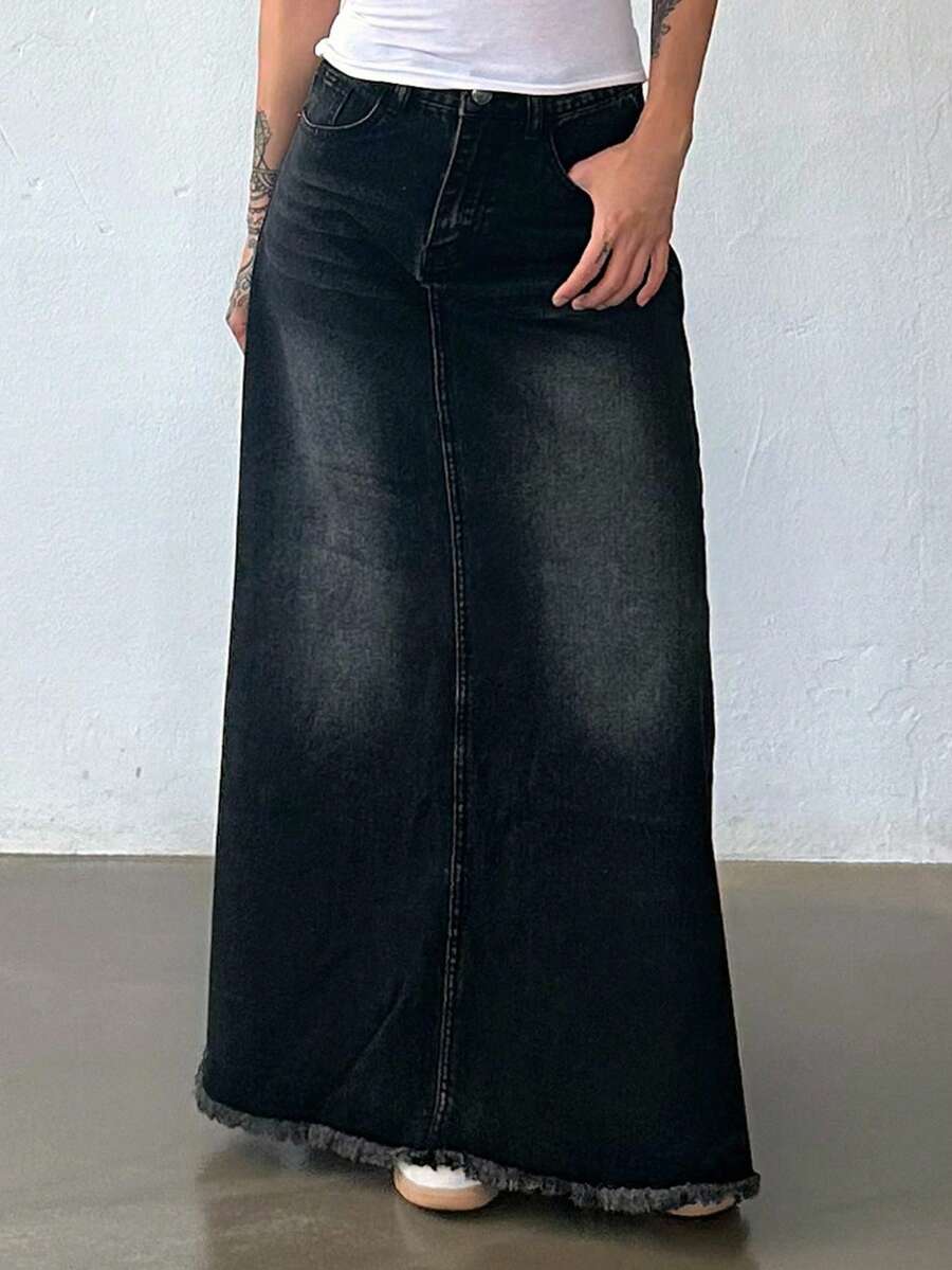 DAZY 女士带口袋毛边直筒宽松休闲牛仔裙 - 深灰色 - 查看 1