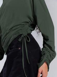 Athîral 女士休闲纯色不对称领抽绳上衣，秋季 - 墨綠色 - 查看 6