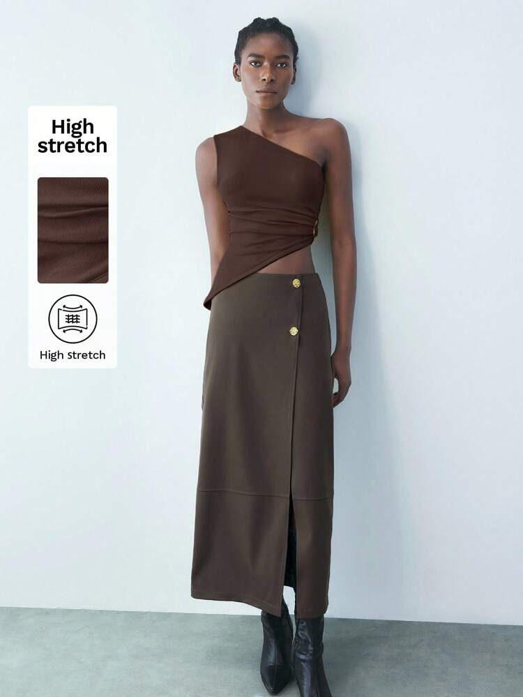 SHEIN Maija Women's Asymmetrical Hem Metal Decor One Shoulder Sleeveless Fitted Short Blouse, Multi-Purpose Fashionable Unique Design Coffee Color Vintage-Chic Business Casual Top Business Casual Women's Wear, Office Wear, Low-Key Old Money Style, Effortless Temperament, High-End Urban Commuting, The Same Style As The Editor-In-Chief Of The Magazine, Urban Social Vacation Party Wear, Charming, Low-Key And Durable Basic Style, Versatile And Not Picky Clothing, Street Fashion Wear, Clothing, Coffee Shop