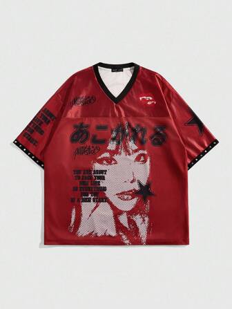 Anime Camiseta de manga corta con estampado gráfico de lema y figura en estilo oscuro japonés para hombres