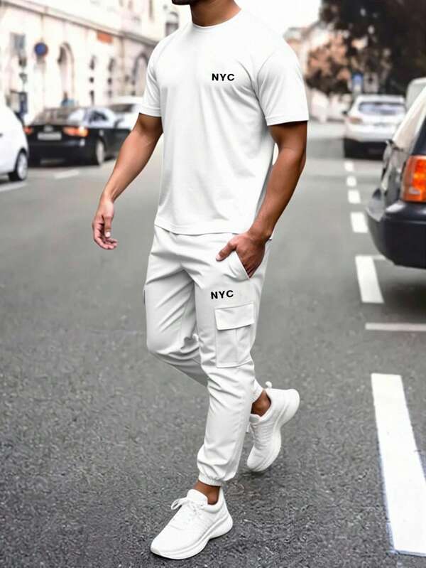Manfinity Homme Ensemble t-shirt à manches courtes col rond avec imprimé lettres et pantalon cargo décontracté pour hommes
