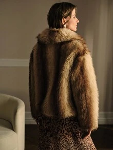 MOTF PREMIUM Cappotto oversize con collo scialle in pelliccia sintetica, spalle a caduta, autunno inverno - Caffè Marrone - Visualizzare 4