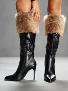 CUCCOO SZL 时尚欧美尖头细高跟石纹性感夜店女式过膝长靴 - 黑色 - 查看 1