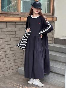 DAZY 少女 A 字连衣裙，宽松休闲小图案刺绣撞色丝带，秋季 - 藏蓝色 - 查看 2