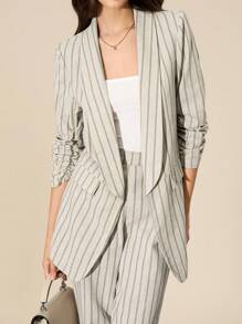 Amorya Áo khoác blazer sọc cổ điển dành cho nữ, Thời trang đi làm hàng ngày, Trang phục công sở giản dị mùa thu đông trở lại trường, Buổi hòa nhạc đồng quê, Mùa thu phù hợp để đi làm, Phong cách Old Money, Giáo viên, Vải lanh mới 2025 - Nhiều màu - Xem 4