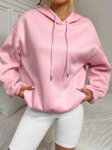 SHEIN EZwear 休闲简约印花图案连帽长袖宽松女式运动衫 - 淺粉色 - 查看 3