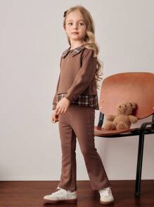 PrepCrw Young Girl Collegiate Style Color Block 2 In 1 Sweatshirt Brown Plaid Top , Fall - Multicolor - View 4