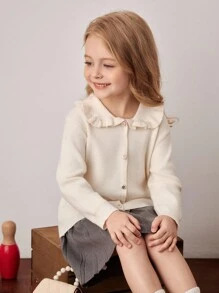 PrepCrw 女童学院风翻领纽扣针织开衫，适合秋冬季穿着。 - 白色 - 查看 6