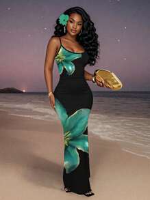 Slaydiva 2025 Spring/Summer New Women's Vacation Dress, Elegant Floral Print Casual Minimalist Sleeveless Dress Chic Dress - Multicolor - View 1