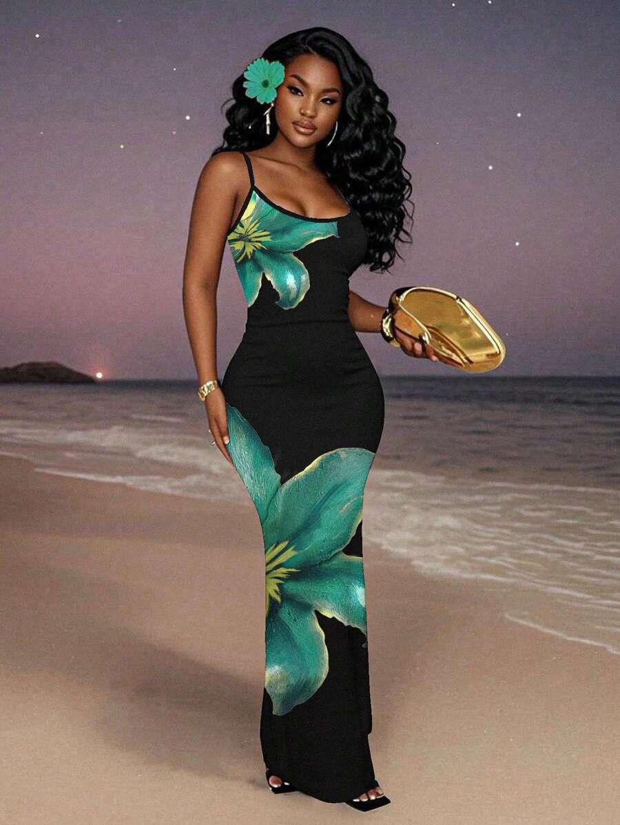 Slaydiva 2025 Spring/Summer New Women's Vacation Dress, Elegant Floral Print Casual Minimalist Sleeveless Dress Chic Dress - Multicolor - View 1