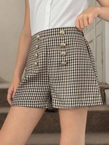 SHEIN Tween Girls' Fashionable Elegant Woven Plaid Metal Decor Button Shorts