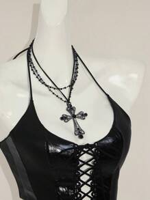 SHEIN ICON Women's Retro Sexy Avant-Garde Fashion Personalized Street Millennial Style Y2K Halloween Wear Sequined Leather Stitching Front Center Strap Pointed Hem Bat Shape Slim Fit Top - Black - View 9