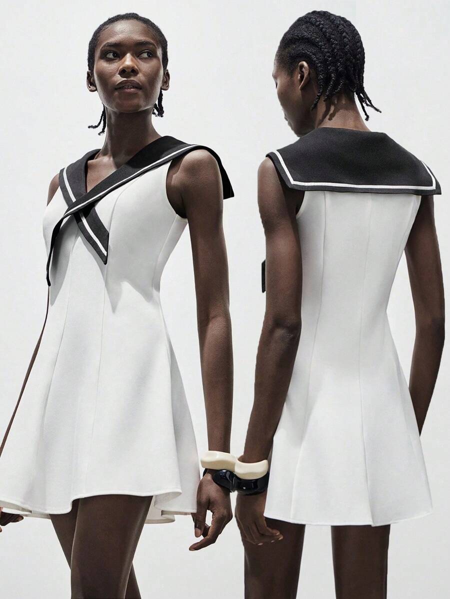 Lumivelle 女士极简水手领复古法式航海风撞色无袖A字迷你连衣裙，适合约会、春夏穿着，全白夏季连衣裙，适合大学校园穿着。 - 白色 - 查看 1