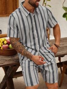 ResortEase Plus Size Men's Casual Striped Shirt And Shorts Set