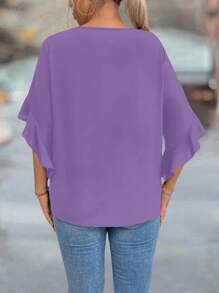 Plus Size Hollow Collar Ruffle Sleeve Solid Color Blouse - Purple - View 2