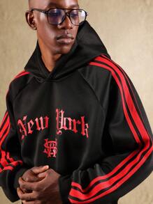 SUMWON Vintage Gothic New York Typography Hoodie With Red Stripes Oversized Urban Streetwear Fall Winter Fashion Statement Pullover Casual - Black - View 3