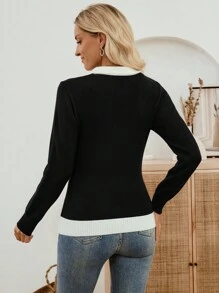EMERY ROSE Áo len dệt kim dài tay cổ tròn màu trơn cổ polo thiết kế ngách đa năng cho nữ Áo len có cổ cho nữ Áo len chui đầu cho nữ Áo len polo dài tay cho nữ Áo len phong cách học sinh cho nữ Áo dài tay cho nữ vào mùa thu/đông - màu đen - Xem 2