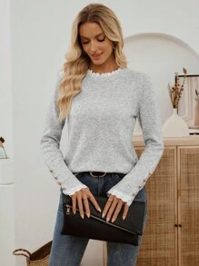 EMERY ROSE 全新秋冬焕新套头高领柔软蕾丝针织毛衣，百搭优雅，适合女士灰色毛衣女士毛衣蕾丝边毛衣浅灰色上衣立领毛衣 - 灰色 - 查看 6