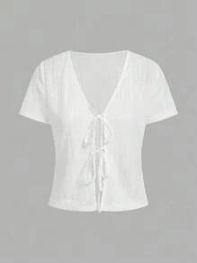 SHEIN LUNE White Front Tie Knit Fabric T-Shirt Top, Sexy, Cute, Fashionable & Casual, Suitable For Matching